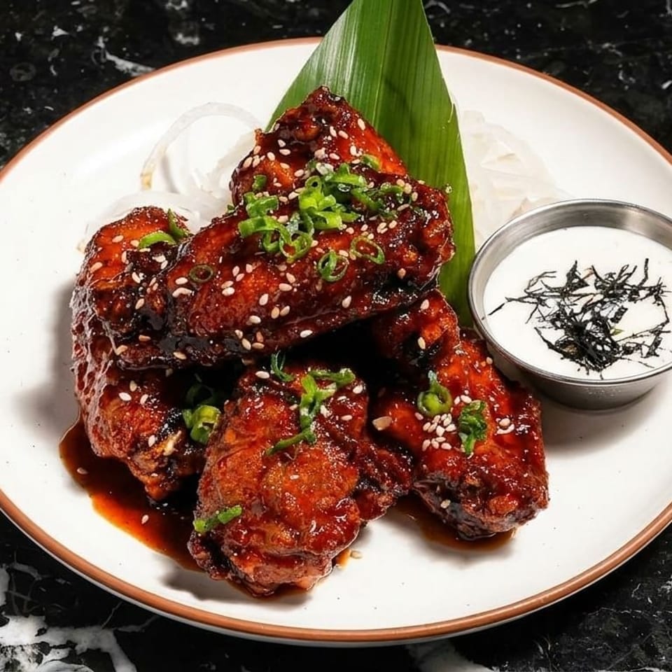 Sweet and spicy chicken wings with sesame seeds, scallions, and a side of white sauce.